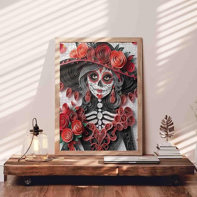 Tucocoo Skeleton Woman 1000 Piece Jigsaw Puzzle for Adults, Elegant Skull Girl Puzzles Red Roses Paper Art Puzzle Home Decor Gift Difficult Art 1000 Pieces Challenging Puzzle Family Game Night