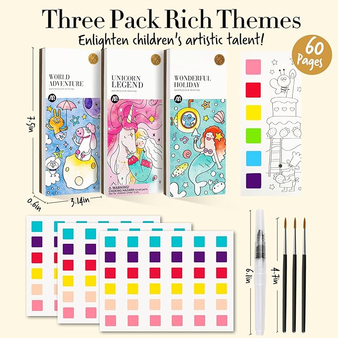 Watercolor Painting Coloring Books Arts & Crafts Kit, Pocket Watercolor Paint Bookmarks, Mess Free Paint with Water Set, Travel Activities Art Supplies Party Favors Exchange Birthday Gifts for Kids