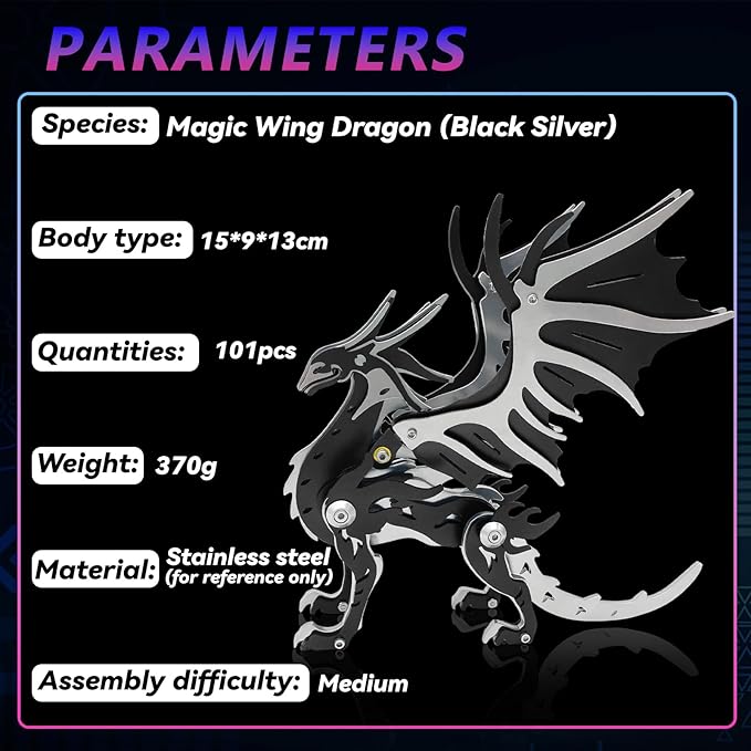 3D Metal Puzzles,3D Metal Puzzle for Adults,Mechanical Model Kit Magic Wing Dragon Black Silver,Steel 3D Puzzles Stainless Steel Ornaments for Adults Home Decor Art Craft Gifts Toys.