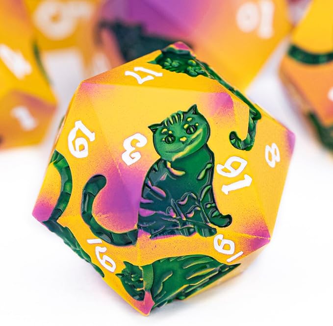 Metal DND Cat Dice 7PCS Polyhedral RPG Dice Set with Gift Case for Dungeons Dragons Role Playing Game, D and D Dice D6 D8 D10 D12 D20 D% (Yellow Green)