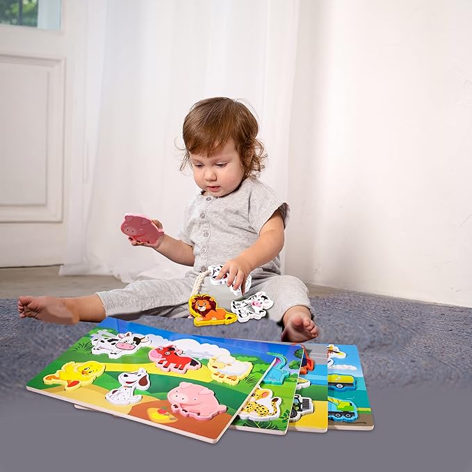 Wooden Peg Puzzle for Toddlers 1-3 Year Old,Funsland Puzzles Gifts Colorful Toys Cartoon Gifts,Farm Zoo Animals Vehicle Arsenal Puzzles (Pack of 4)