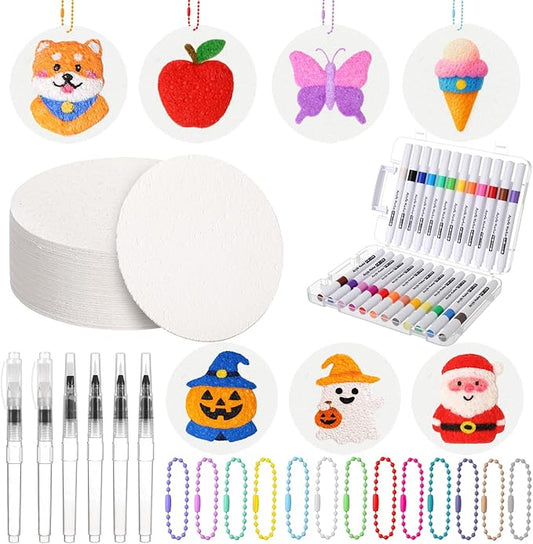 AmazingSpark 130 Pcs Magic 3D Foam Texture Painting Kit, 50 Foam Texture Paper, 24 Colors Paint Markers 6 Water Brush 50 Beaded Chain, Drawing Sponge Puffy Paint Sheet for DIY Craft Party Supplies