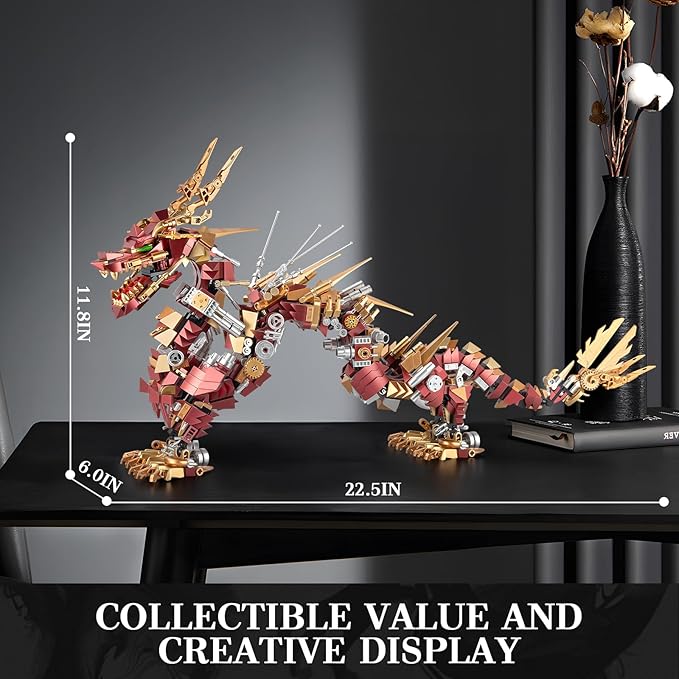 HIGH GODO Dragon Building Blocks Sets for Adults, Red Mechanical Dragon Animal Building Model Collectible Display Toys, Cool Toys Gifts for Boys Teens Fans (1596 Pieces)