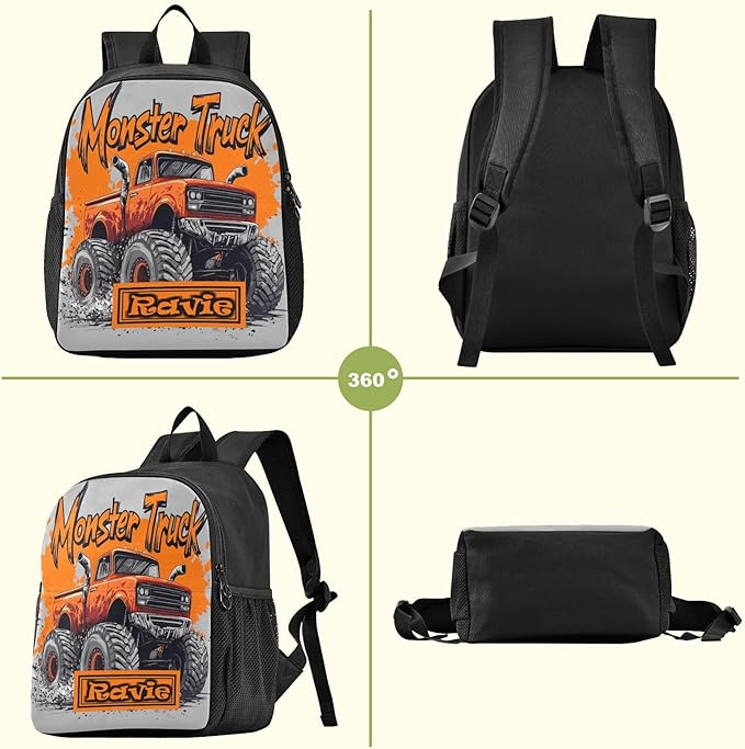 Monster Truck Gray Toddler Backpack for Boys Girls 3-6 Bookbag for Preschool Small Kindergarten Elementary Backpackss for Kids for Travel
