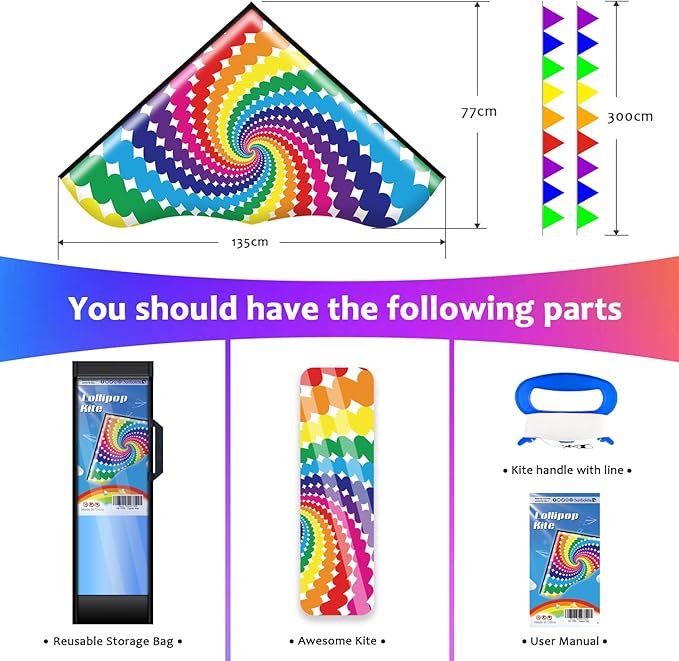 HONBO Large Delta Kite for Kids & Adults,Extremely Easy to Fly Kite for Beach Trip,String Line Included,with Colorful Tail,Perfect for Beginners