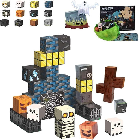 Halloween Themed Magnetic Blocks for Kids Skeleton Toys Spooky Town Building Kit Halloween Party Favors Gift for Children & Adults(1 inch)