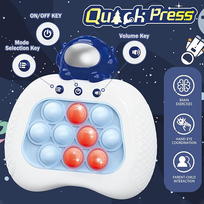 Pop Push Game Toy for Kids, Quick Fast Push Pop Puzzle Handheld Game Light up Fidget Toy 8-12, Bubble Sensory Toys Christmas Birthday Gifts for Kids Ages 3-12 (Blue Astronaut)