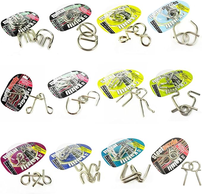 Ahyuan Large Assorted Metal Brain Teaser Puzzles 12 Pack Metal Wire IQ Puzzles with Paper Box Gift Package Great Educational Intelligence Games Toys Party Favors for Kids Adults