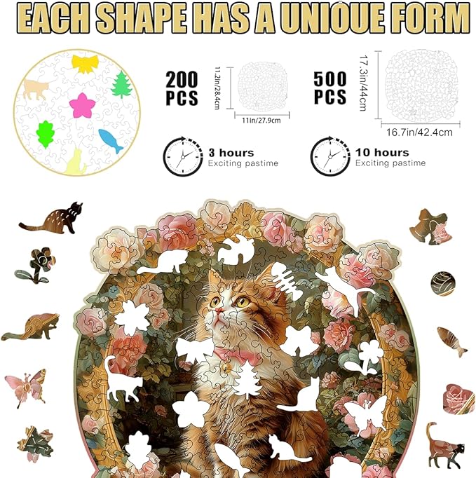 Wooden Jigsaw Puzzle, 200-500 Pieces Unique Shape Animal Puzzle, for Adults & Kids, Birthday Gift Family Game, Decorative Puzzle, Unique Gift (Rosy Kitty, 200 PCS)