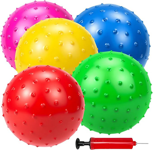 Hymaz Knobby Balls Bulk 9" Soft Bouncy Ball Sensory Toys Spiky Massage Stress Ball, Set of 5 Sensory Balls with Pump, Party Favors Stocking Stuffers Beach Games for Kids Toddlers