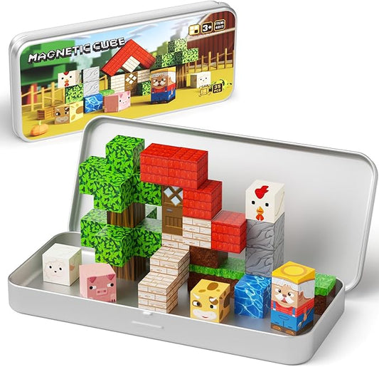 Magnetic Tiles Farm Animals Travel Toys, 35PCS Magnetic Blocks for Kids Ages 3-8, Portable STEM Building Cubes with Metal Storage Box, Toddler Learning Toys for Ages 3-5