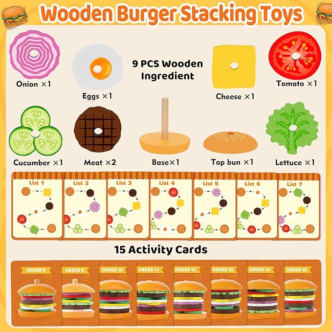 Jumlys Montessori Wooden Burger Stacking Toys for 2, 3, 4, 5 Year Olds, Fine Motor Toys for Kids Boys Girls, Ideal Preschool Educational and Learning Toys, Perfect Christmas Birthday Gifts