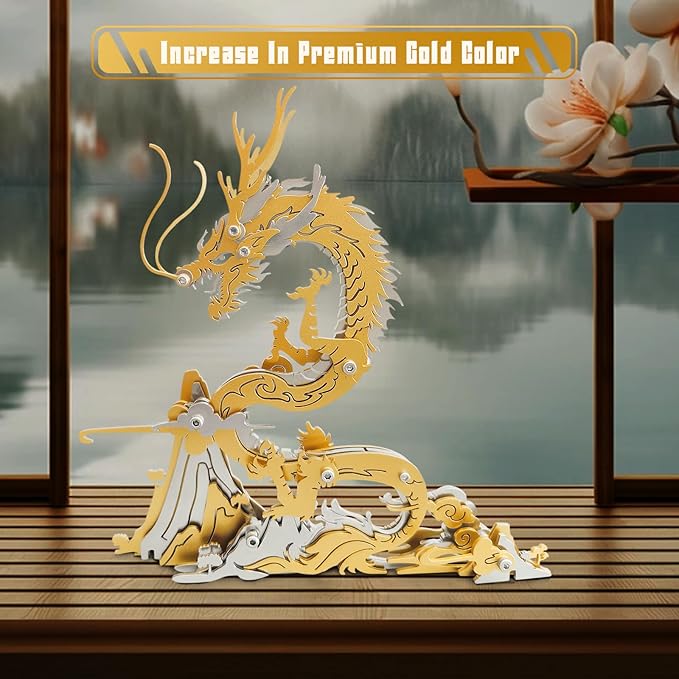3D Metal Puzzles,3D Metal Puzzle for Adults,Mechanical Model Kit Golden Dragon,Steel 3D Puzzles Stainless Steel Ornaments for Adults Home Decor Art Craft Gifts Toys