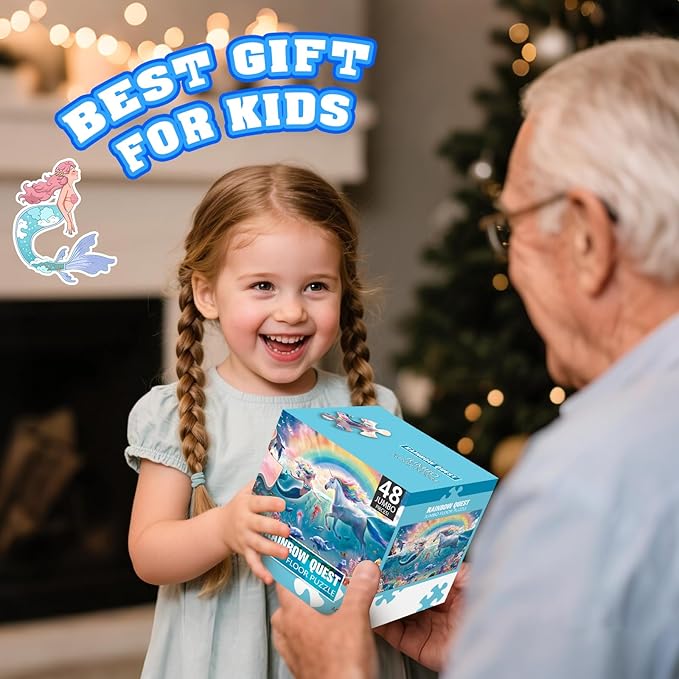 Jumbo Floor Puzzle for Kids Ages 4-8, 48-Piece Unicorn and Mermaid Underwater Jigsaw Puzzle, Large Educational Toys for Toddler Girls and Boys, Gift for 3-5 Year Olds