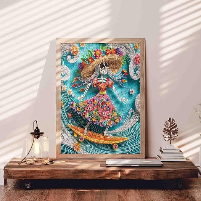 Tucocoo Skeleton Surfing 1000 Piece Jigsaw Puzzle for Adults, Colorful Floral Fun Challenging Puzzle for Family Game Night Vibrant and Relaxing Puzzle for Stress Relief Activities Home Decor Gift