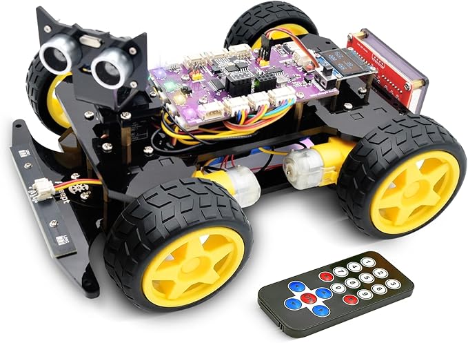 Adeept 4WD Smart Car Kit(Compatible with Arduino IDE), Line Tracking, Light Tracing, Obstacle Avoidance, Servo Motor, OLED Display, Buzzer, LED Dot Matrix Display