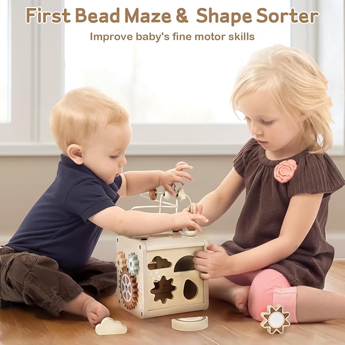 Vanplay Montessori Toys for 1+ Year Old Girls Boy Gifts, Wooden Sensory Activity Cube for Babies 12-18 Months, Learning Educational Toys 1 2 3 Year Old First Birthday Gifts for Toddler 1-3