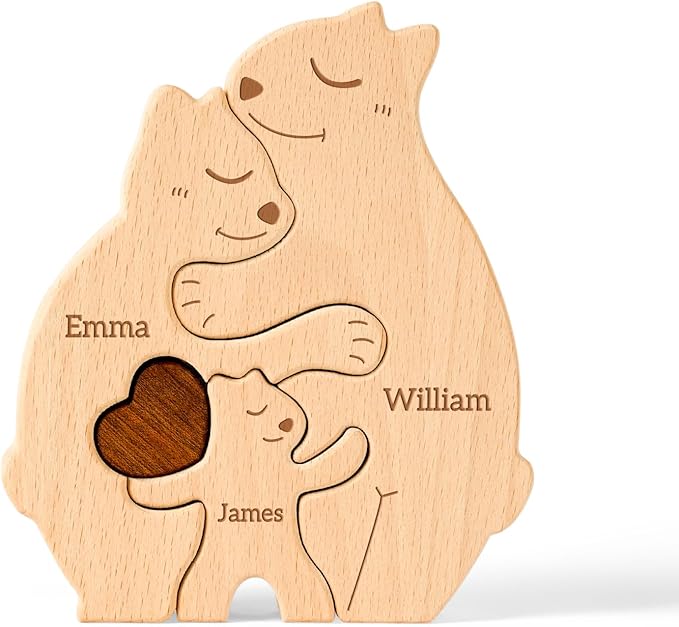 Wooden Bears Family Puzzle, Personalized Puzzles with 2–5 Names, Father's Day Mother's Day Birthday Personalized Gifts for Mom Dad Kids Teen Boys Girls Grandma Toddler