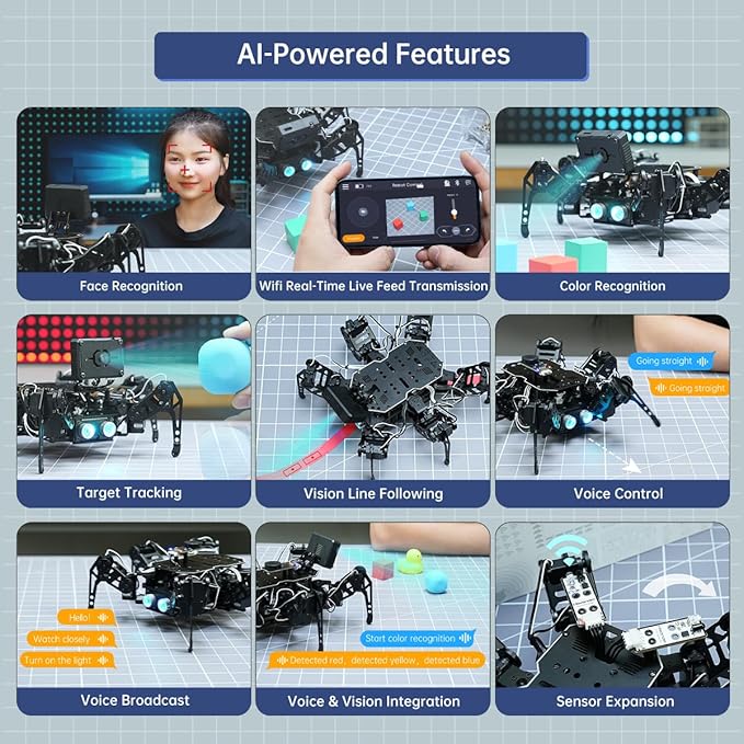 18DOF Hexapod Robot for Arduino Programming, Spider Walking Crawling Self-Balancing AI Vision Voice Control Obstacle Avoidance, STEM Education Open Source Robot with Tutorials, miniHexa Advanced Kit