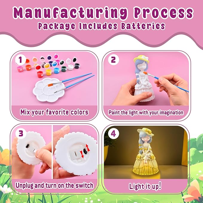 ASIOWELY Paint Your Own Princess Girls Lamp Kits,Arts and Crafts Supplies for Kids Toys Ages 4-6-8,DIY Art Night Light Painting for Girl Ages 5-10,Birthday Gifts for 3-12+ Year Old Toddler Teens Adult