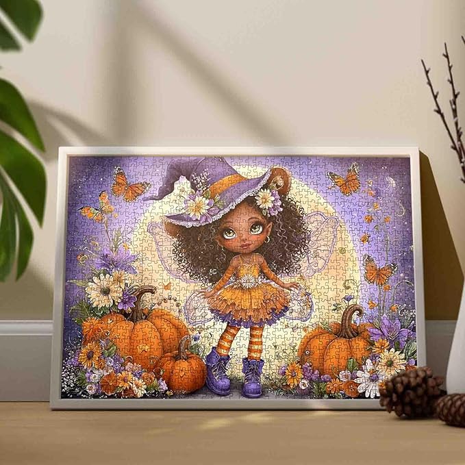 Cute Halloween Fairy Witch Jigsaw Puzzle for Adults 1000 Piece Pumpkins Butterflies and Flowers Puzzles Colorful Fantasy Art Puzzle for Women Men Teens Challenging Game Fun Autumn Decor