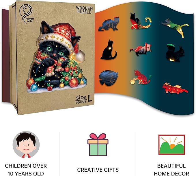 Wooden Jigsaw Puzzle for Adults,Christmas Cat Puzzle 300 Piece,Unique Shape Puzzle Challenge 14.9 x 14.9 Inch,Beautiful Wooden Puzzles Birthday Gifts for Adults Family Game