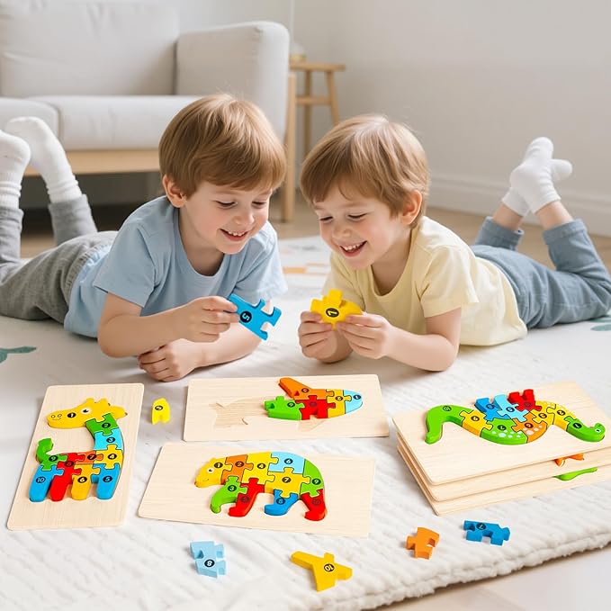 9 Pack, Wooden Puzzles for Kids, Toddler Number Puzzle, Animal Dinosaur Toddler Toys, Montessori Toys for Kids Ages 3+