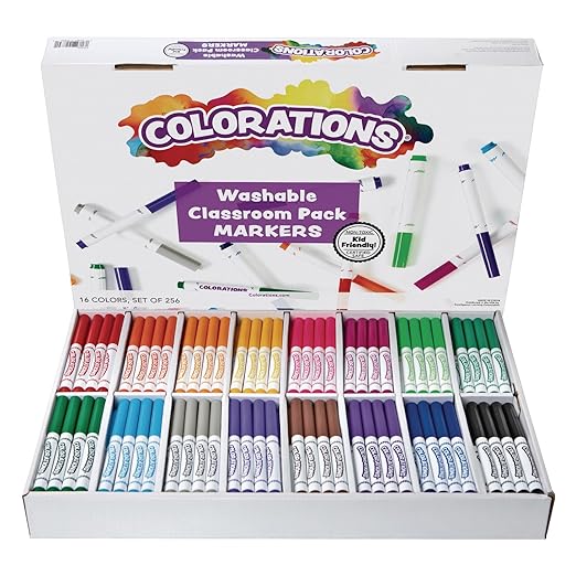 Colorations Washable Markers, Set of 256, 16 Colors, Non-Toxic, Bulk Art Supplies for Kids, Classroom Kit, Coloring Classroom Pack, Crafting Materials