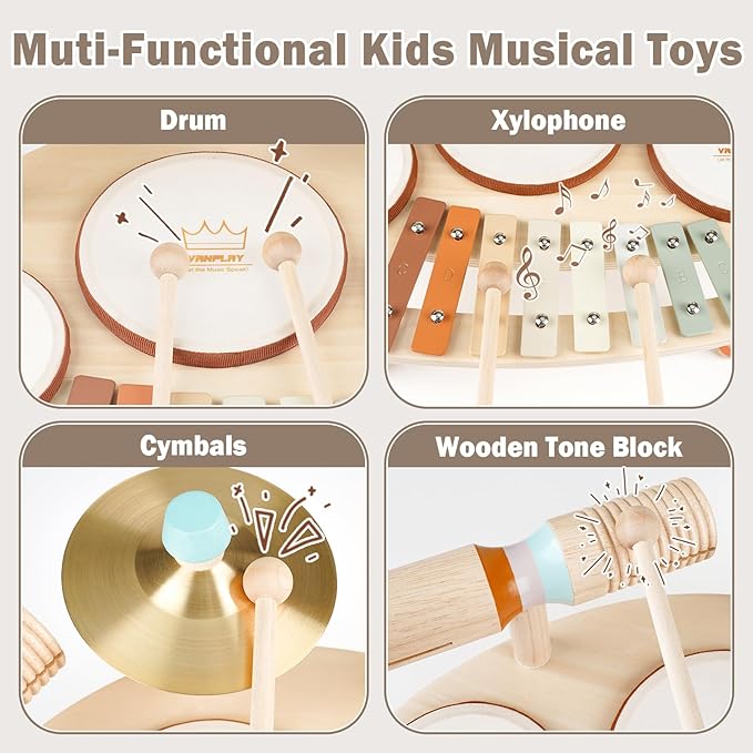 Drum Set for Toddler - Toys for 2 3 4 Year Old Girls Boy Gifts - 9 in 1 Wooden Montessori Musical Instruments with Xylophone for Kids 3-5, Christmas Birthday Gifts for Toddlers 2-4