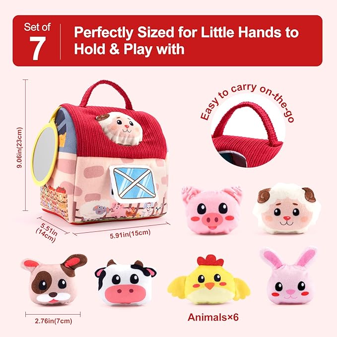 Baby Toys 6-12 Months - Surprise Barn Stuffed Farm Animals, Mirror, Rattle, Montessori Toys for 6 Month Old Babies Sensory Balls Toddlers 1-3 Soft Barn Toy Plush Animal House Christmas Birthday Gifts