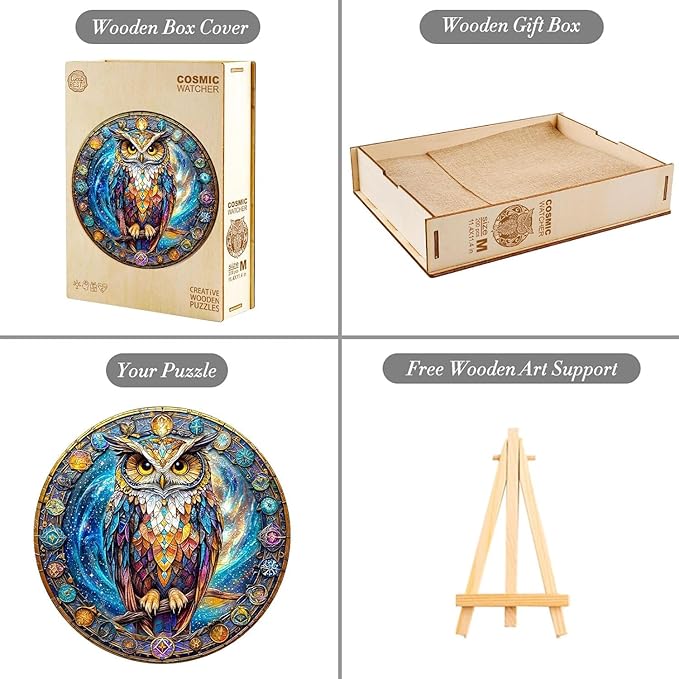 Wooden Puzzles for Adults 200 Pices, Owl 3D Puzzles for Adults, Cosmic Watcher Owl Irregular Jigsaw Puzzles, Flat Puzzels with 3D Visual Effect, Finished Puzzle Size is 11.4 x 11.4in