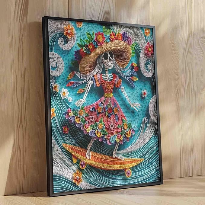 Tucocoo Skeleton Surfing 1000 Piece Jigsaw Puzzle for Adults, Colorful Floral Fun Challenging Puzzle for Family Game Night Vibrant and Relaxing Puzzle for Stress Relief Activities Home Decor Gift
