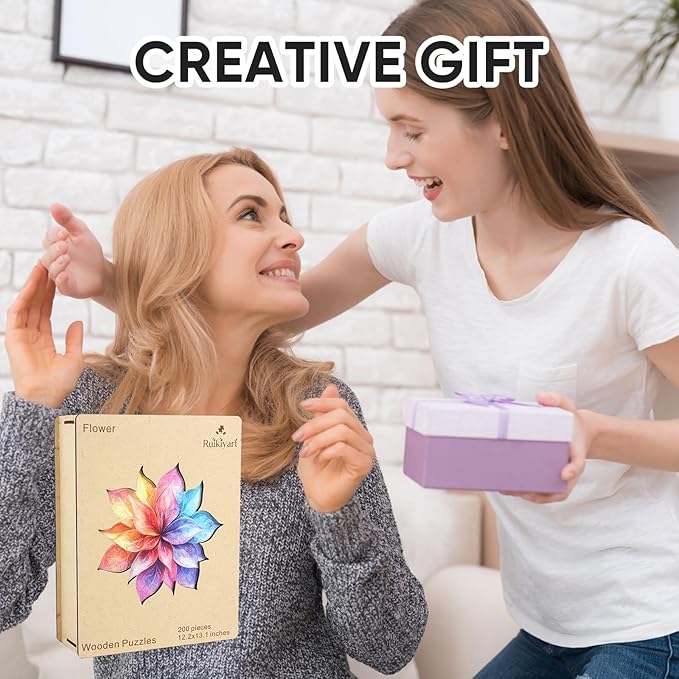Ruikiyart Wooden Puzzles for Adults, 5MM 200 Pieces Colorful Flower Wooden Jigsaw Puzzles, Floral Unique Shaped Puzzle Gifts for Adults and Kids on Thanksgiving, Family Puzzle Games(12.2"*13.1")