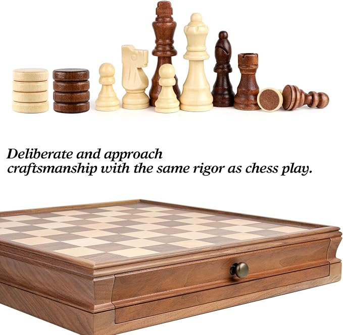 REEIVER 15" Wooden Chess Sets with Built-in Storage Drawer, 2 in 1 Chess& Checkers Board Games for Adults and Kids