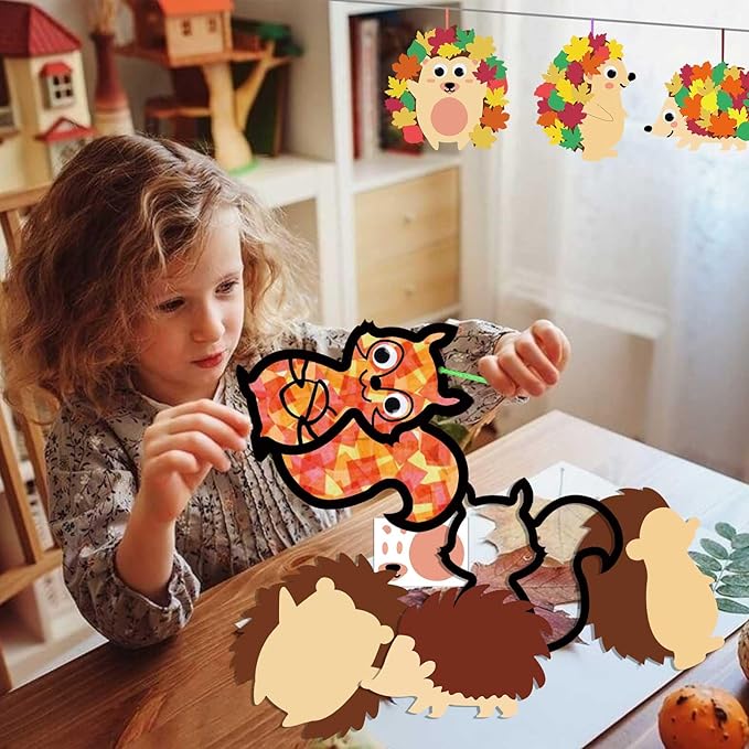 Zliisang 12PCS Make You Own Fall Crafts Kit Bulk Fall Animals Paper Suncatchers Foam Stickers Crafts DIY Kit for Autumn Thanksgiving Activities Decorations Thanksgiving Party Decor