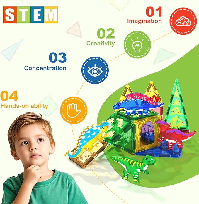 Dinosaur Toys Magnetic Tiles Jurassic Scenes Dinosaur World, Magnetic Blocks STEM Sensory Toddler Kids Games, Creative Toys Gifts for 3+ Years Old Boys Girls for Kids 3-5 5-7