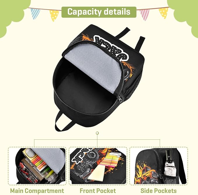 Monster Truck Orange Toddler Backpack for Boys Girls 3-6 Small Preschool Backpacks for Kids Elementary Mini Bookbag for Preschool for School