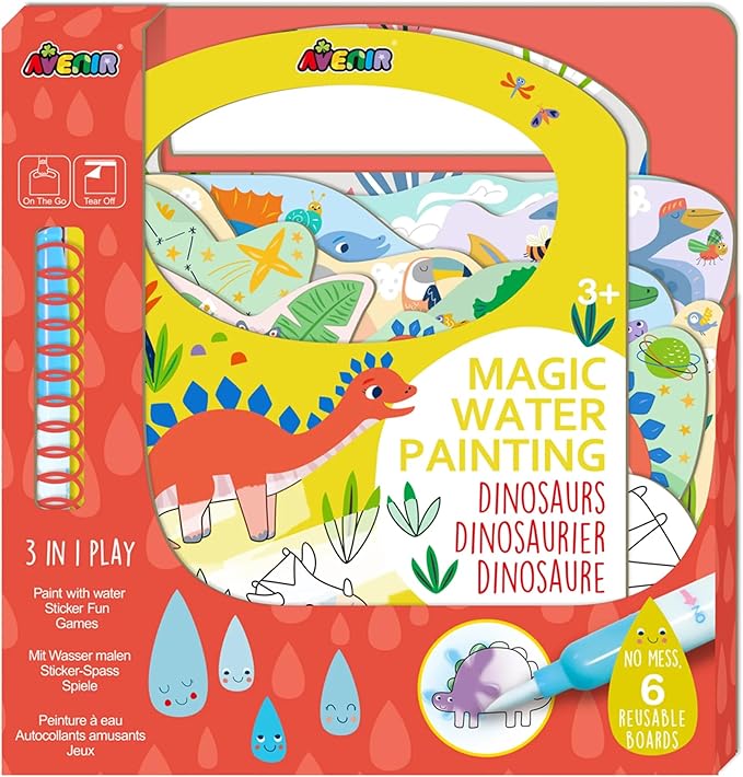 Avenir Reusable Water Coloring Book for Toddlers 1-3 & 3-5 – Mess-Free Paint-with-Water Travel Toy Airplane Activities Road Trip Quiet Book, Water-Reveal Activity Pad, 3-in-1 Creative Set