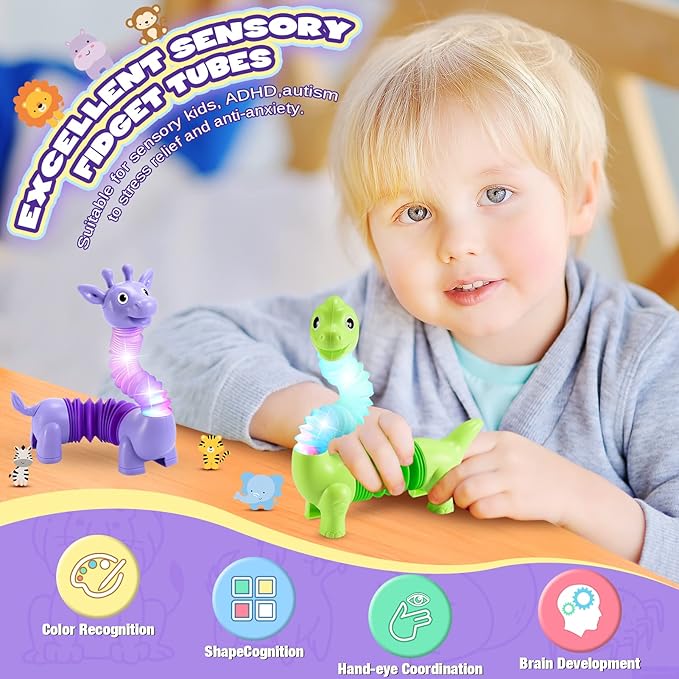 Animals Fidget Toys for Toddlers: 6 Pack LED Animal Pop Tubes for Kids 3 4 5 6 7 8 Year Old Girls Boys Halloween Birthday Gifts Autism Sensory Toy for Kid Age 3-8 Tube Light Up Party Favors