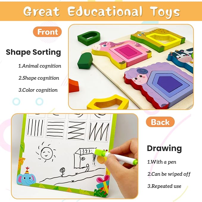 Wooden Montessori Toys for 3 4 Years Old Boys & Girls, Animal Shape Sorter Preschool Learning Toys for Toddlers, Preschool Toddler Puzzles Great Gift Ideas for Kids (Colored-A)