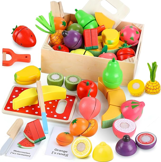 35PCS Wooden Play Food for Toddlers 1-3, Pretend Food Toys Play Kitchen Accessories with Storage Basket, Learning Cards, Cutting Food Fruits Toys Montessori Toys Gift for Kids Girls Boys Age 3 4 5 6
