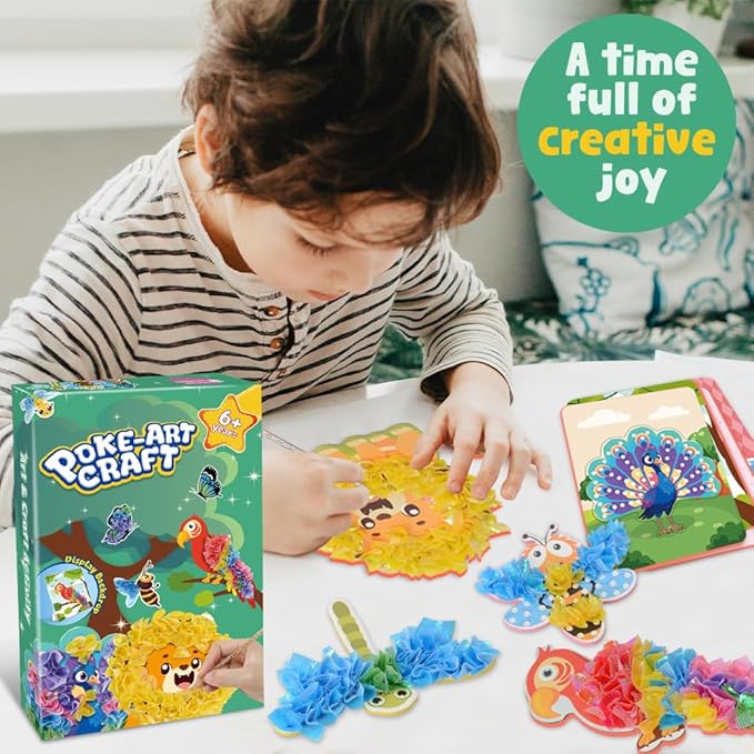 Poke-Art Animal Poking Art Kit with Fabric and Tools,Includes Various Animals Such as Butterflies, Bees, Dragonflies, Peacocks, Parrots, and Lions,Mess-Free Sewing Art for Kids Ages 4+