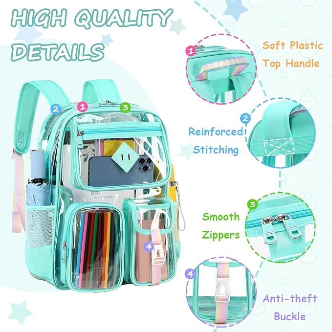 Clear Backpack for School,Heavy Duty PVC Transparent Bookbag for Girls Stadium Approved See Through Backpack