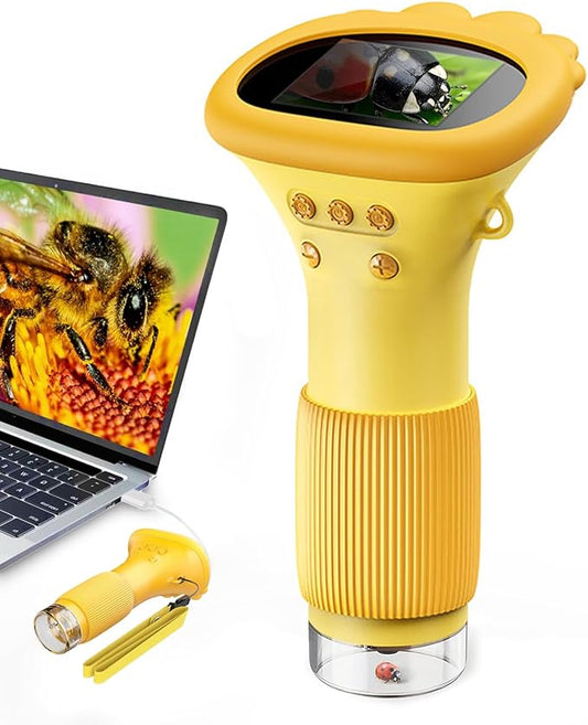 Kids Handheld Microscope 100X-1000X Magnification, Portable Pocket Microscope for Kids Ages 4-12 with Built-in Storage, LED Lights & PC Connection