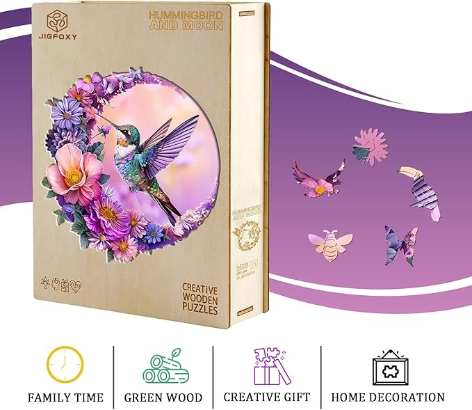 Jigfoxy Wooden Puzzles for Adults, Hummingbird Wood Puzzles Adult, Unique Animal Shape Wooden Jigsaw Puzzles for Adults, Birthday Gifts for Puzzle Lovers, Family, Friend (M-11.4 * 10.9in-200 pcs)