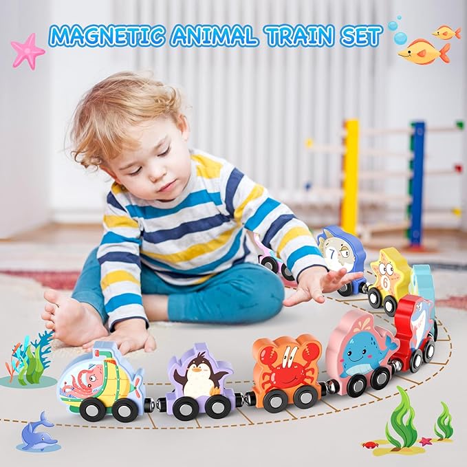 Toys for Toddlers, 11 Magnetic Wooden Sea Animals Train Set, Montessori Toys for Toddlers, Educational Activities for Kids, Birthday Gifts for Boys, Girls