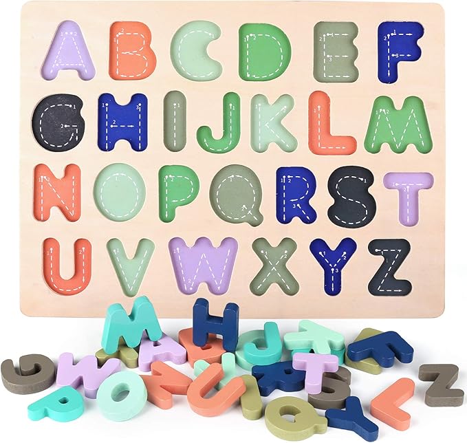 Wooden Puzzles for Toddlers, Voamuw Wooden Alphabet Number Shape Puzzle Toddler Education Learning Toys for Kids Ages 3 4 5 Years Old (Set of 3)