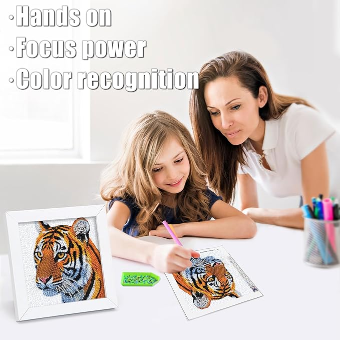 geesfayan Diamond Art Kits for Kids Ages 8-12,6 Inch DIY Gem Art Painting with 7 Inch Frame, Complete Starter Kit for Beginners, Creative Arts & Crafts Gift for Girls & Boys (Tiger)