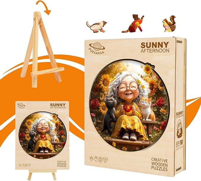 Wooden Puzzles for Adults, Sunny Afternoon Wood Puzzles Adult, Cat Sunflower Wooden Jigsaw Puzzle for Adults, Unique Shape Puzzle, Good Gift Idea for Family & Seniors (L-13.4 * 13.4in -270 Pieces)
