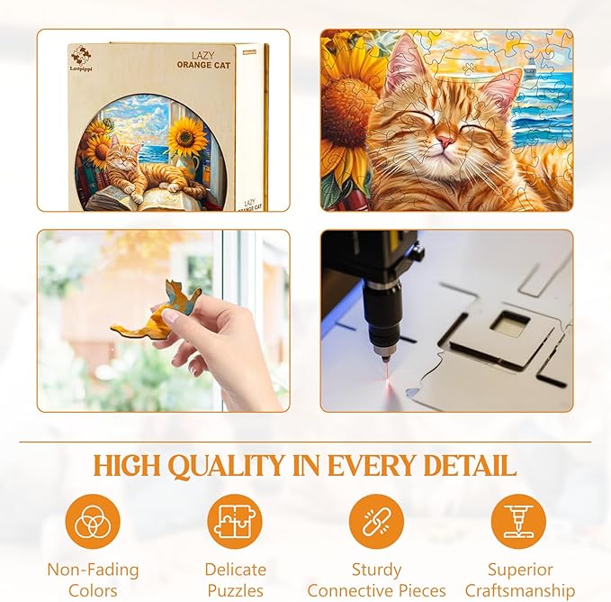 Wooden Puzzles for Adults, Wooden Jigsaw Puzzles for Adults Kids, Lazy Orange Cat Unique Shaped Wood Puzzles Adult, Creative Birthday Gifts for Friends Family Game (8.5 * 8.5in 100pcs)